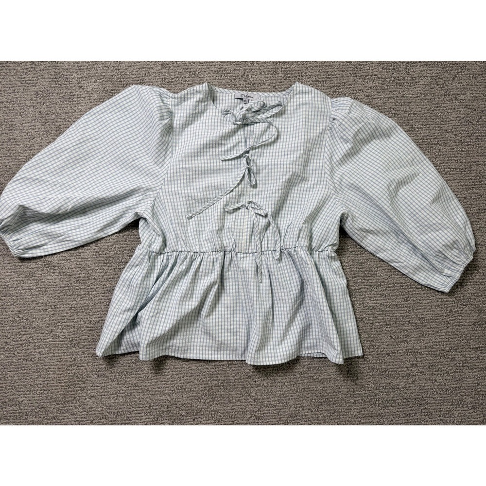 Polygram Blue Gingham Seersucker Peplum Tie Front Puff Sleeve Blouse Top